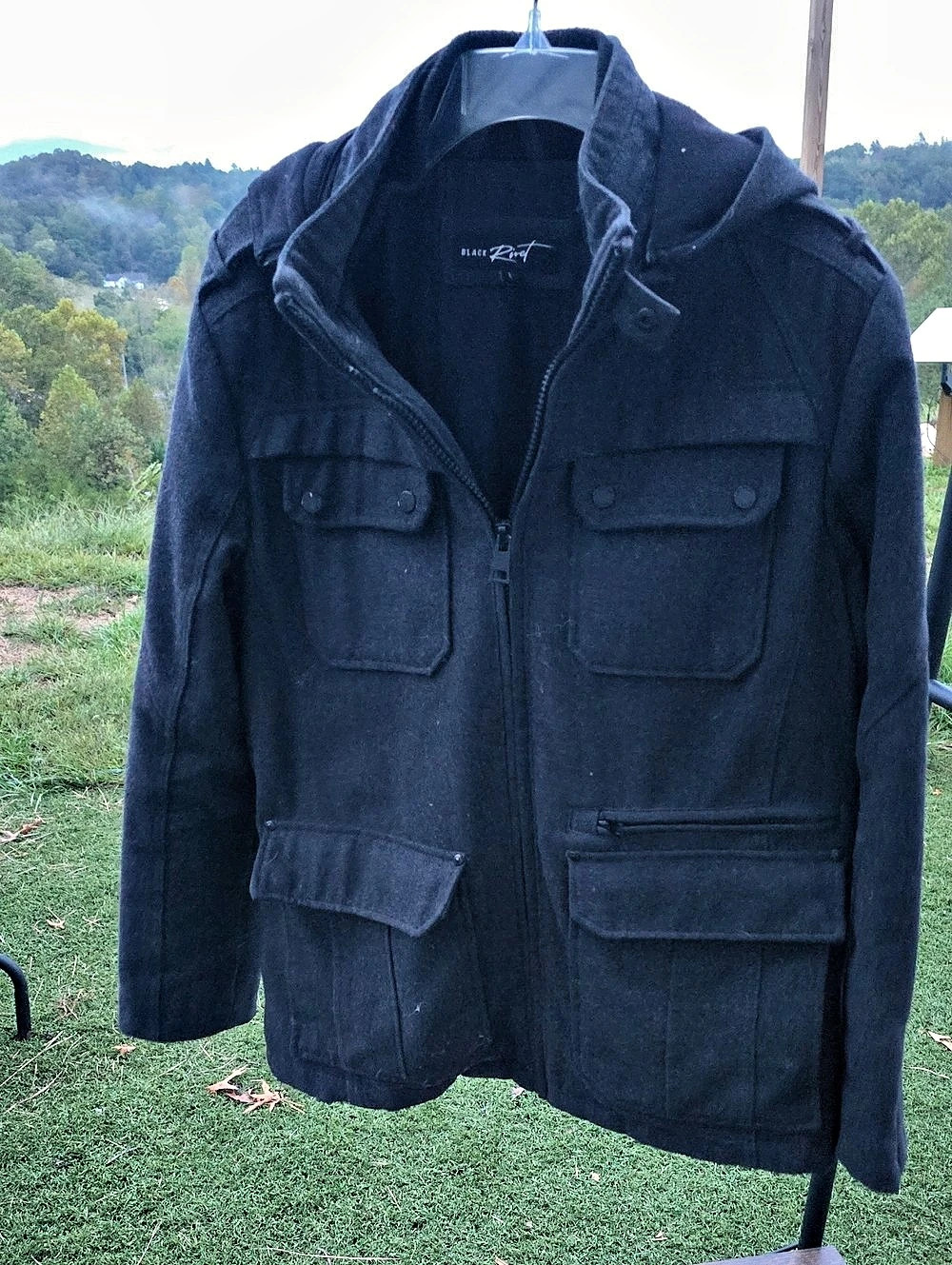 Large Black Rivet Men's Wool Blend Field Jacket in Black